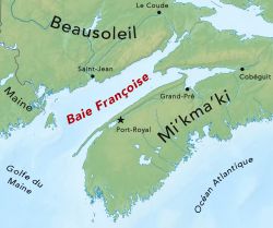 Localisation de la baie Françoise (45° 00′ nord, 65° 41′ ouest).